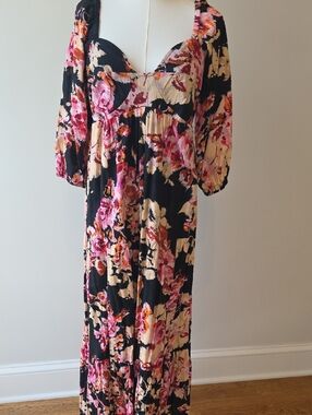 Anthropologie Black Maxi Dress with Pink and Cream Floral Print